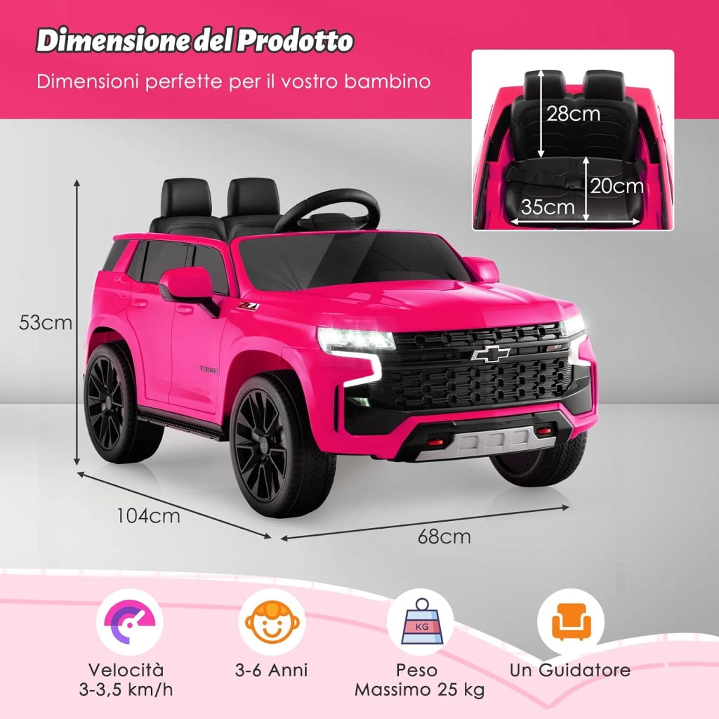 12V Macchina Elettrica per Bambini Chevrolet, SUV Elettrica con Telecomando Luci Luminose e Musica, 3-3,5 km/h, Ideale per Bambini di 3-6 Anni (Rosa)