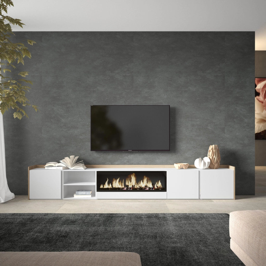 Mobile TV Soggiorno, 315x50x35 cm, Per TV fino a 80", Camino elettrico XXL, Bianco e Rovere soft