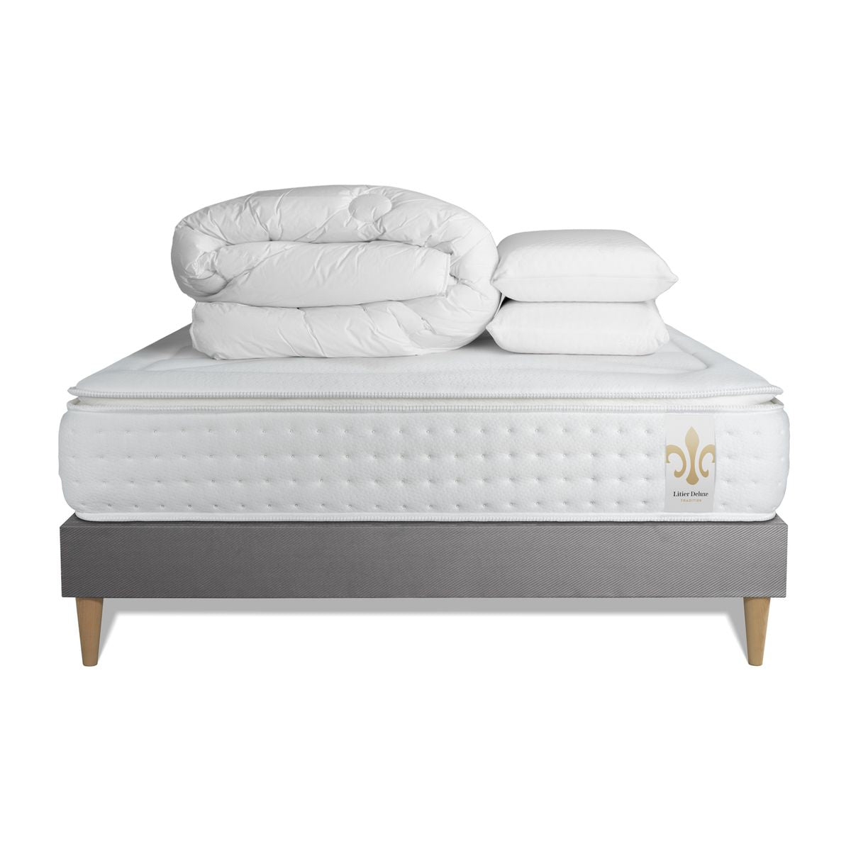 Pacchetto letto completo - Materasso 140x200cm + Box spring con doghe (kit) + 2 cuscini + Piumino - Vingt-Quatre PLUS