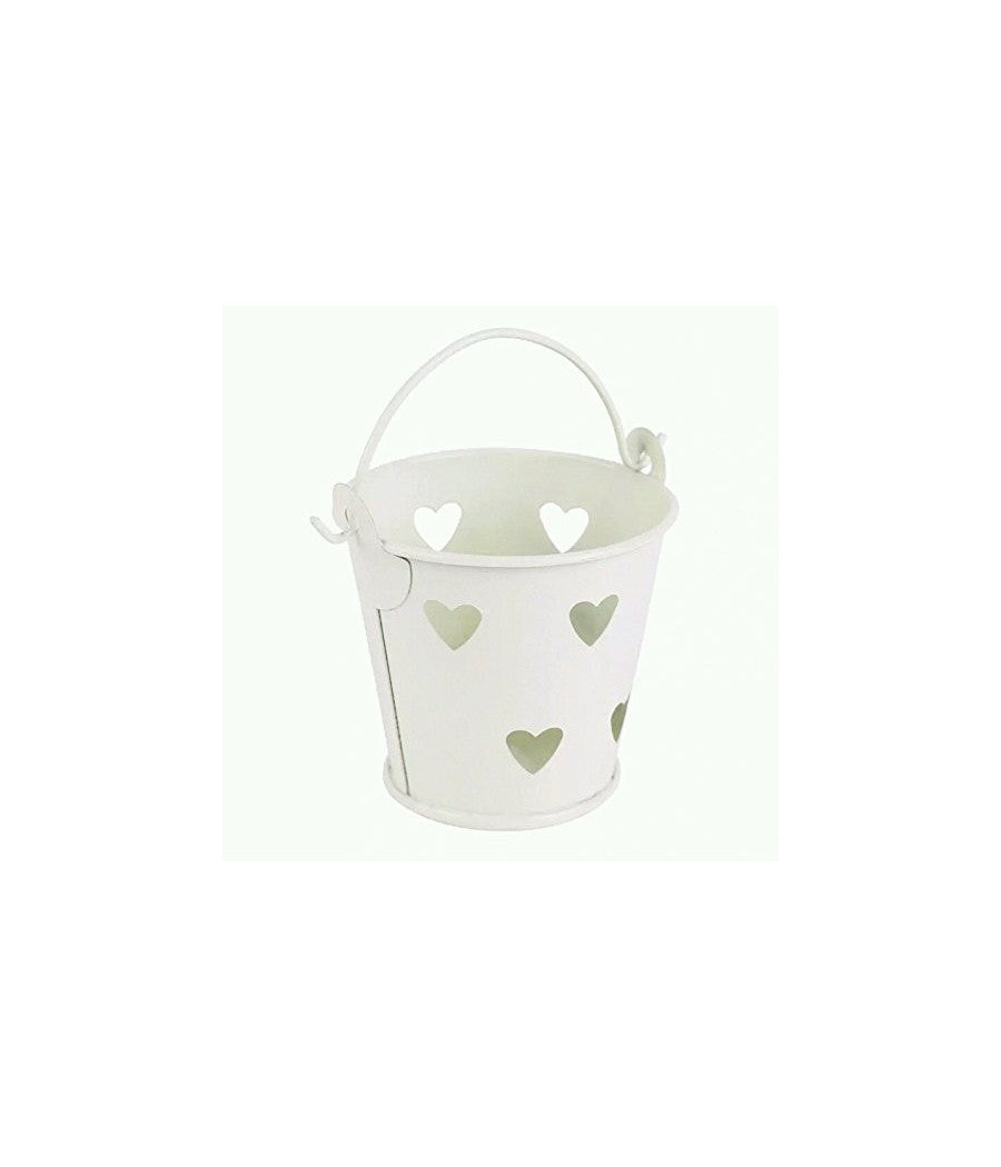 24 X Secchielli Bianchi Con Cuori In Latta Verniciata Portaconfetti Bomboniera         