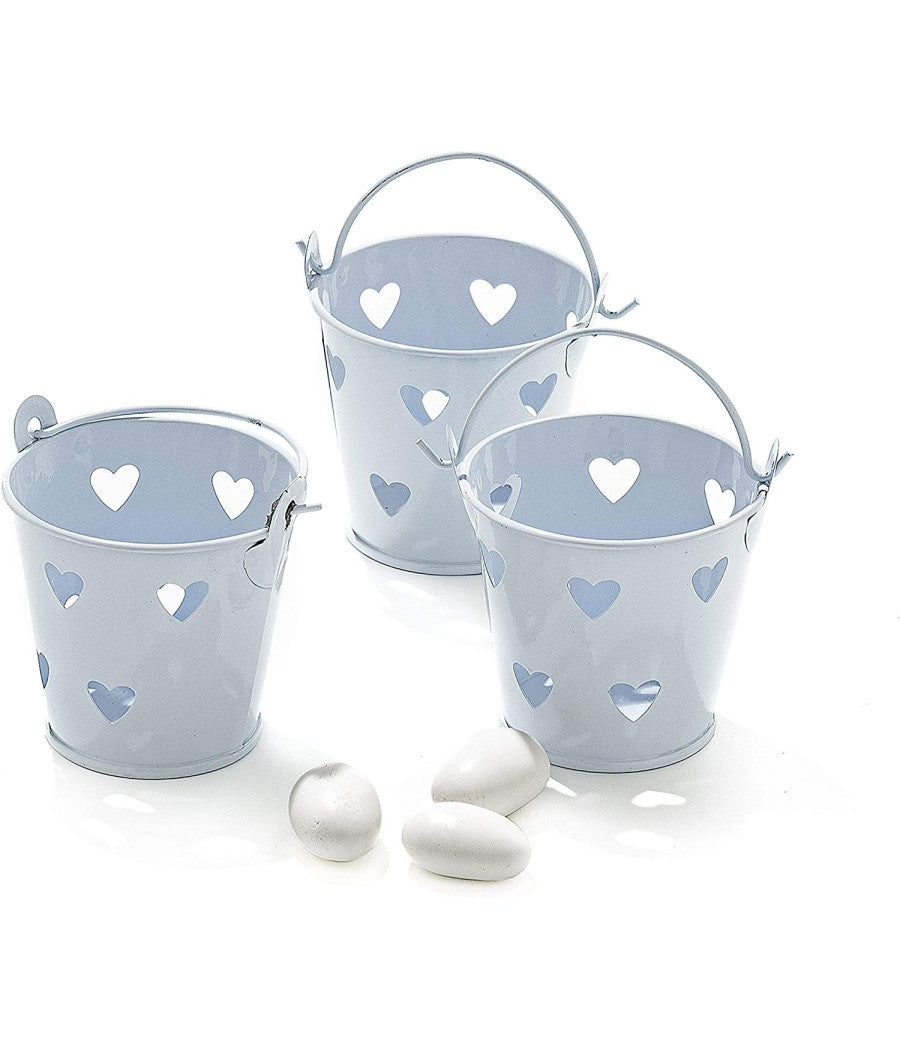 24 X Secchielli Bianchi Con Cuori In Latta Verniciata Portaconfetti Bomboniera         