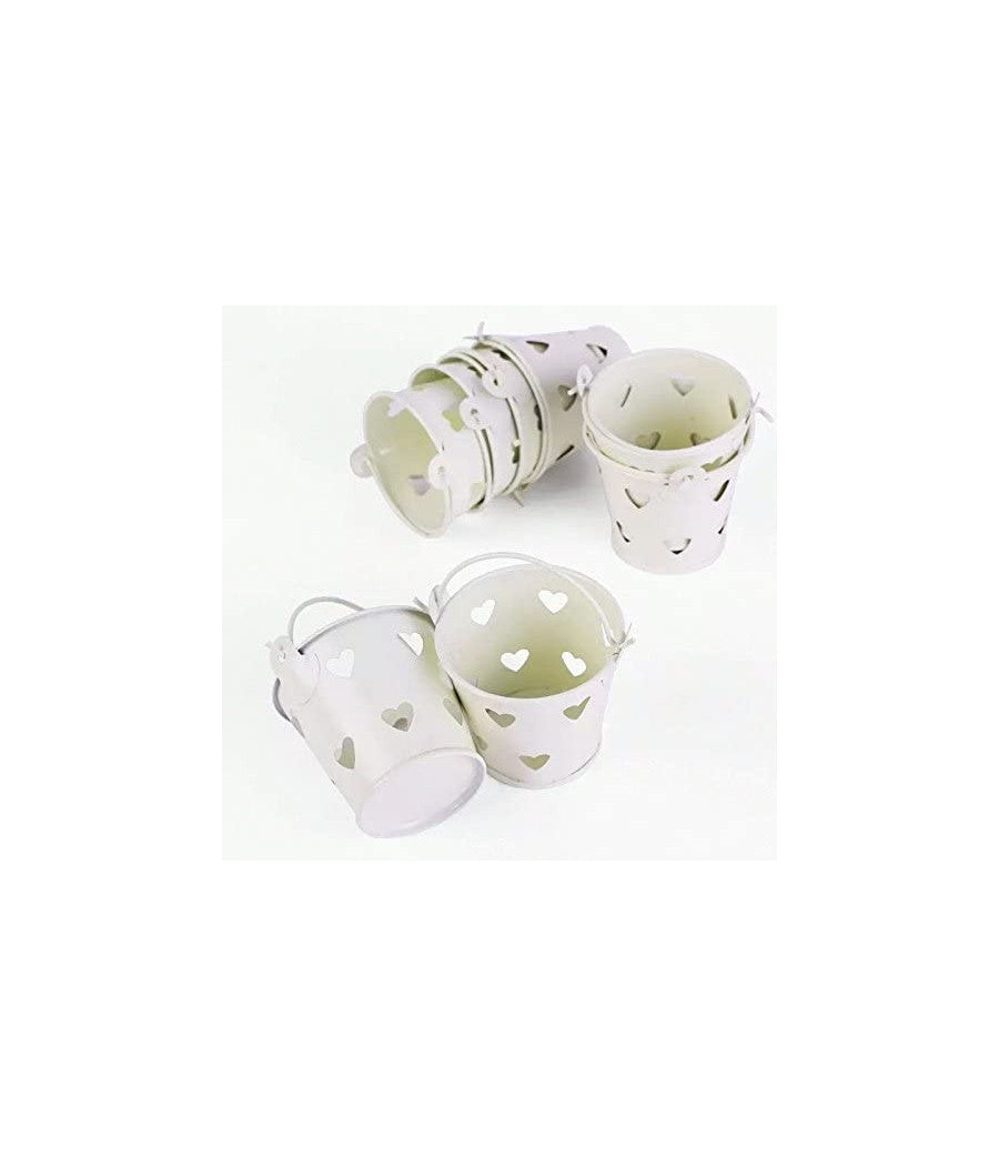 24 X Secchielli Bianchi Con Cuori In Latta Verniciata Portaconfetti Bomboniera         