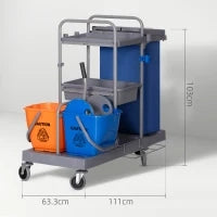 Carrello Pulizie a 3 Ripiani con Sacco per Immondizia e Strizzatore, 111x63.3x103 cm, Grigio Blu e Arancione