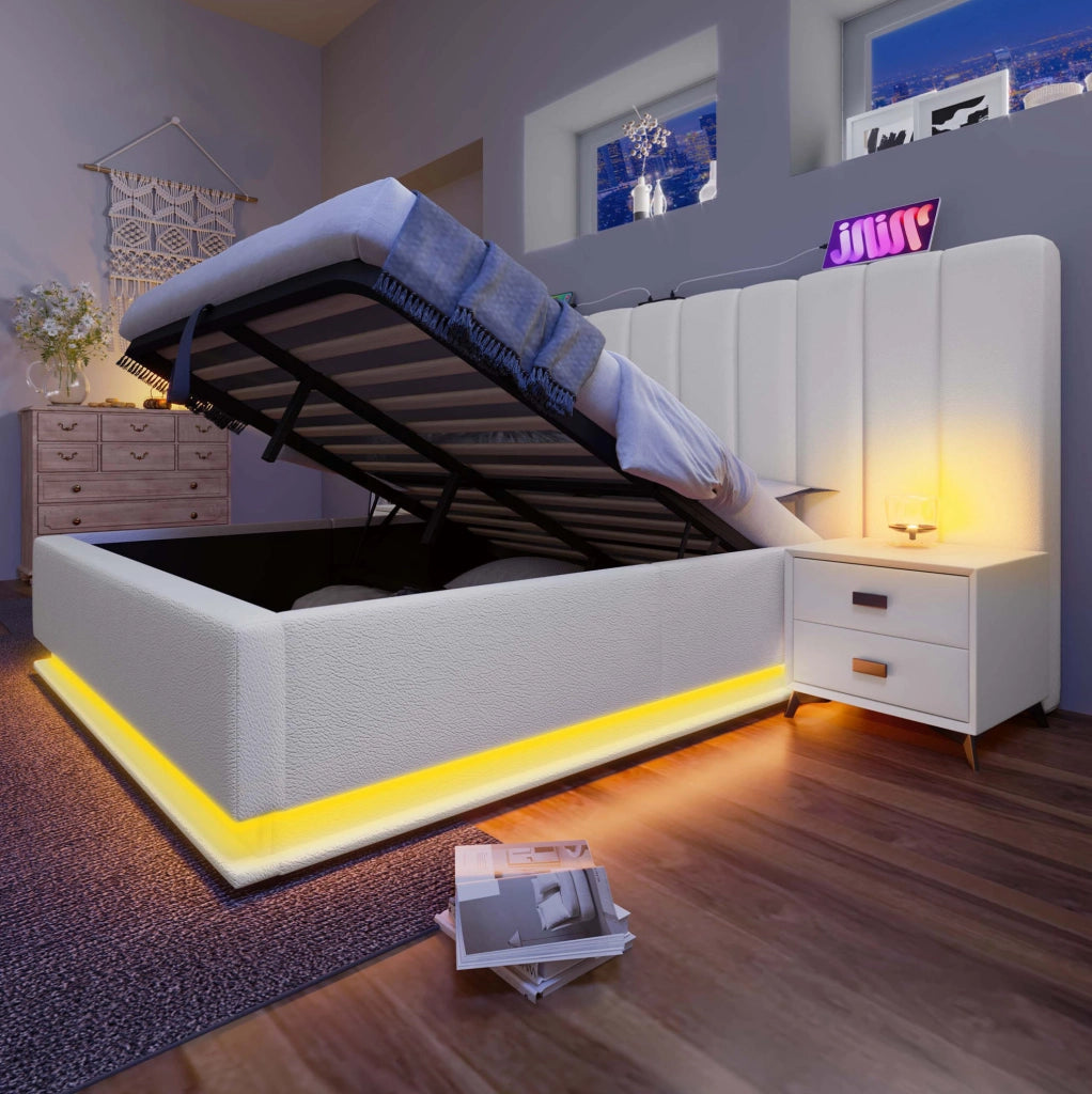 Letto matrimoniale contenitore 180x200 cm in PU bianco con LED 360掳; USB e tipo C