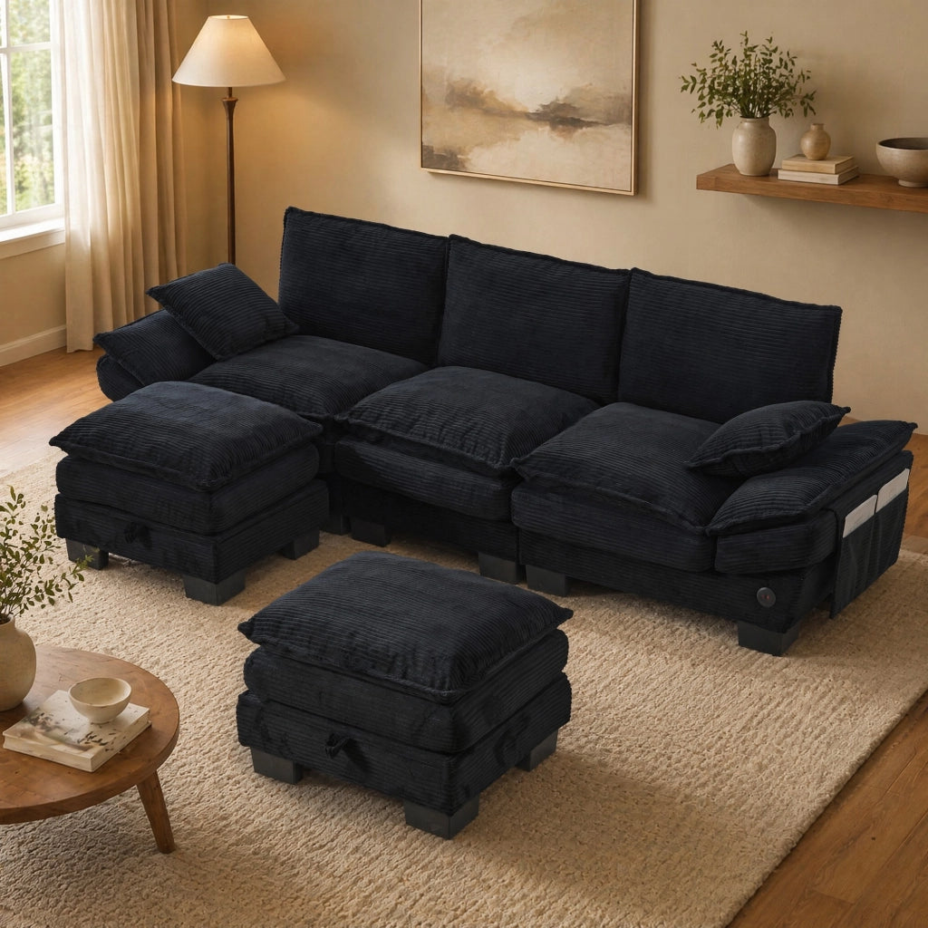 DIVANO 3 POSTI MODULARE 260x132x84 cm CORDUROY NERO con 2 pouf