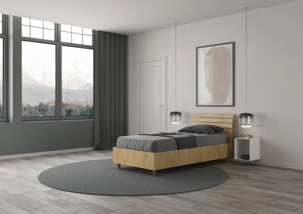 Letto Singolo 80x200 cm con Rete Testata Doghe Inclinata Ankel Quercia Natura