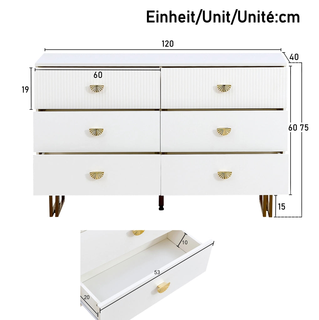 Sideboard moderno con 6 cassetti; 120x40x75 cm; bianco in MDF
