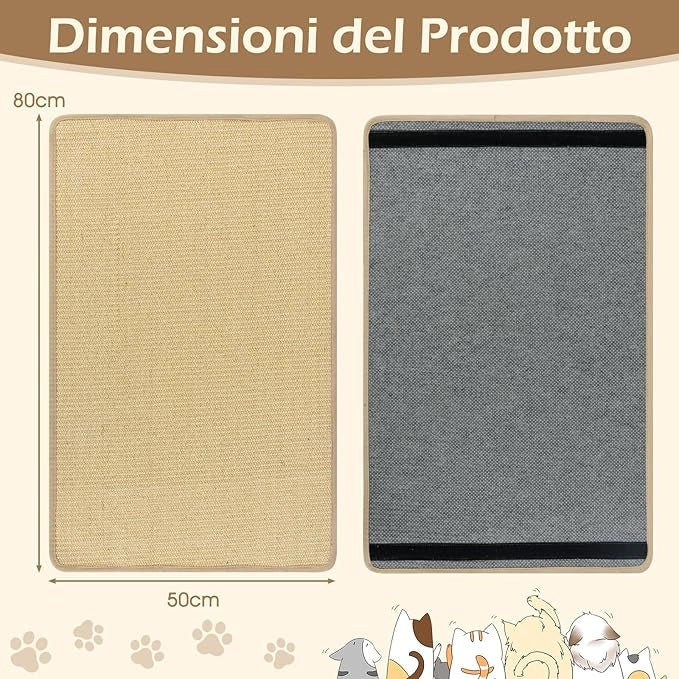 2 Tiragraffi per Gatti 80 x 50 cm, Tappeto Tiragraffi per Gatti in Sisal Naturale da Pavimento o da Parete, Proteggono Tappeti, Tessuti, Divani e Poltrone
