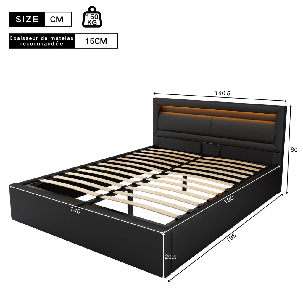 Letto imbottito 140 × 190 cm 2 posti con contenitore, LED e testiera, senza materasso, in PU, nero