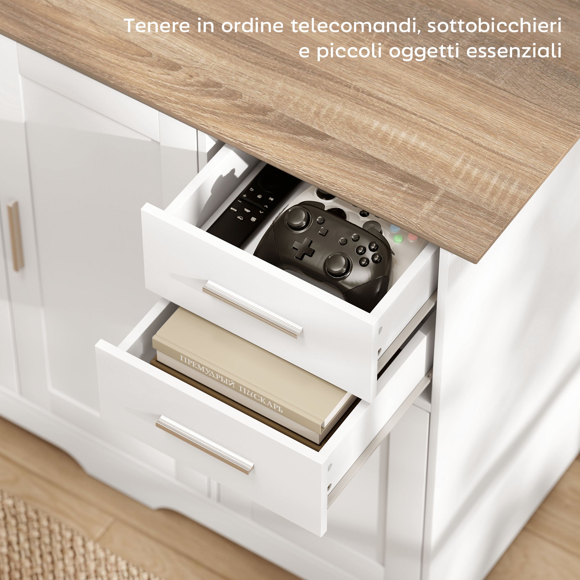 Credenza Moderna Buffet 100x40x78 cm con 2 Cassetti e 2 Armadietti in Legno Bianco e color Legno