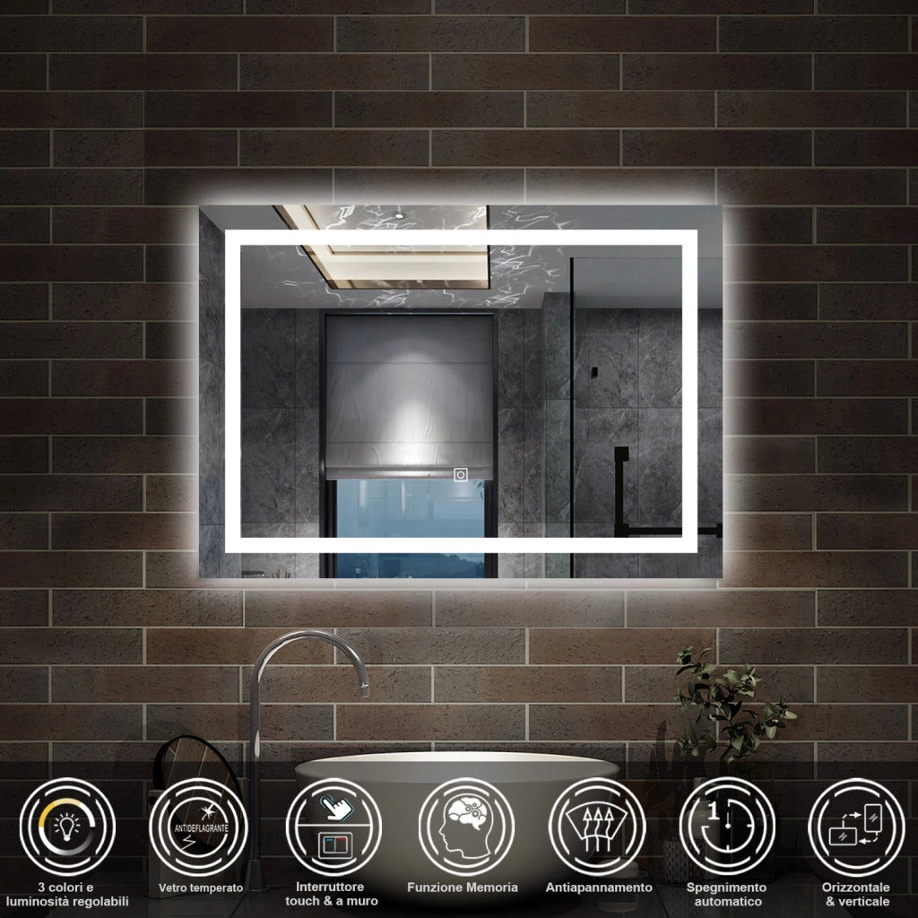 specchio rettangolare 70 x 50 cm con luce led antiappannamento e touch, 3 colori