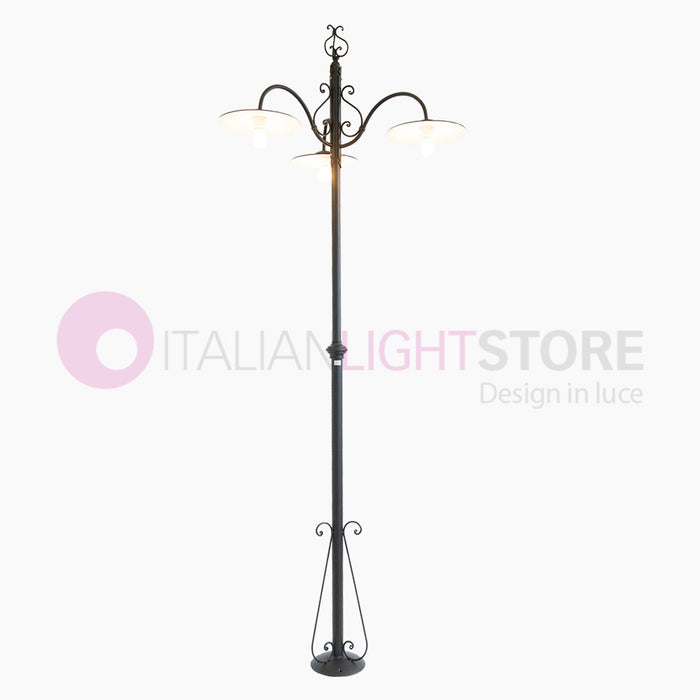 PIATTO Lampione Rustico in Ferro Battuto a 3 Luci H.280