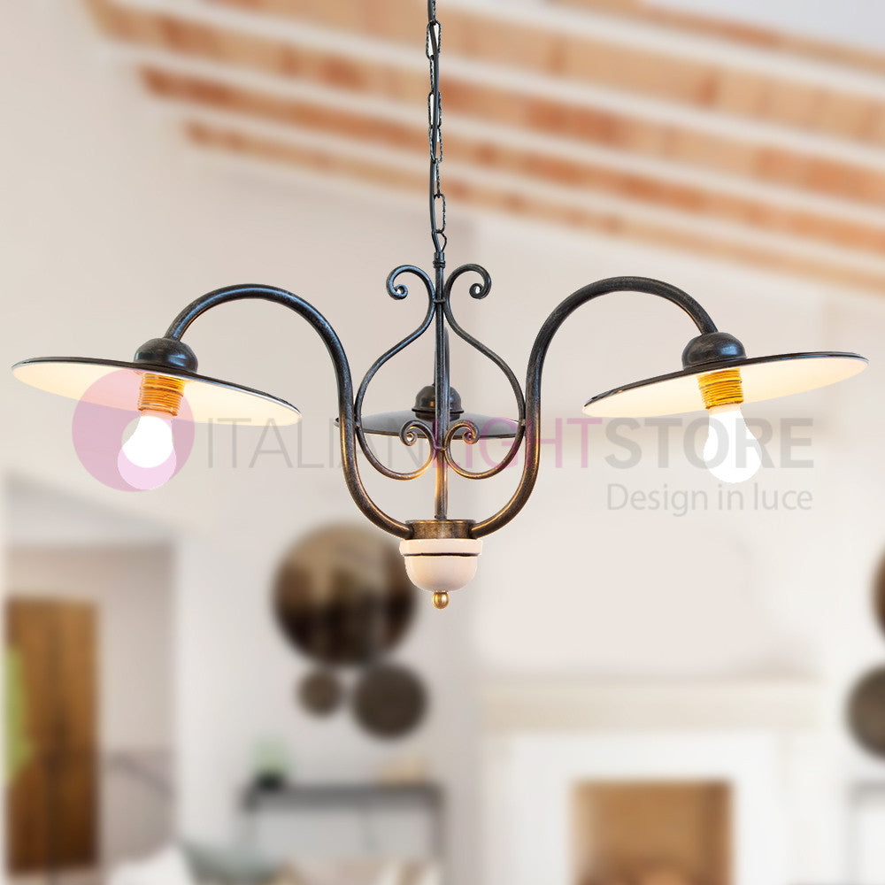 PIATTO Lampadario 3 Luci in Ferro Piatti Smaltati Nero/Bianco