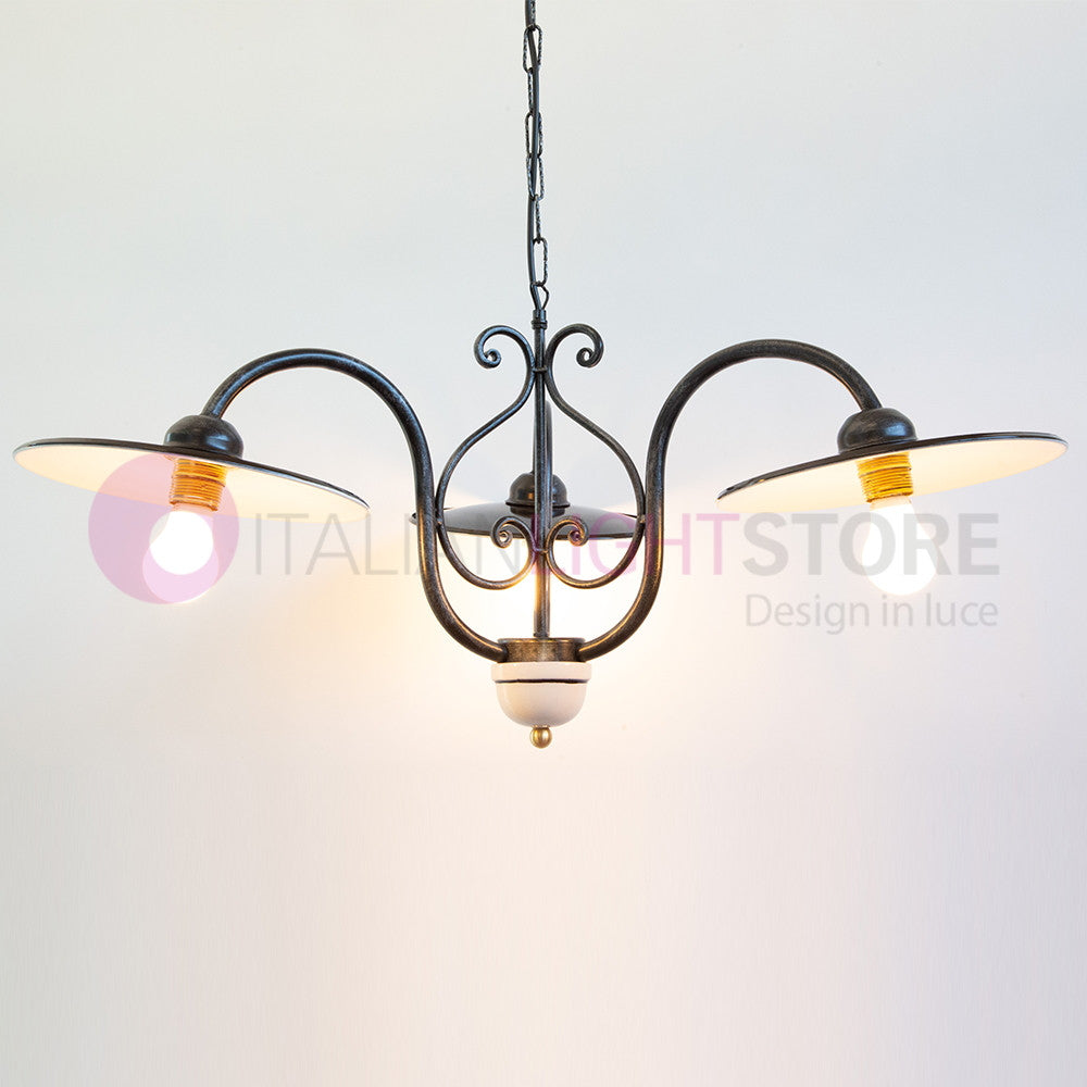 PIATTO Lampadario 3 Luci in Ferro Piatti Smaltati Nero/Bianco