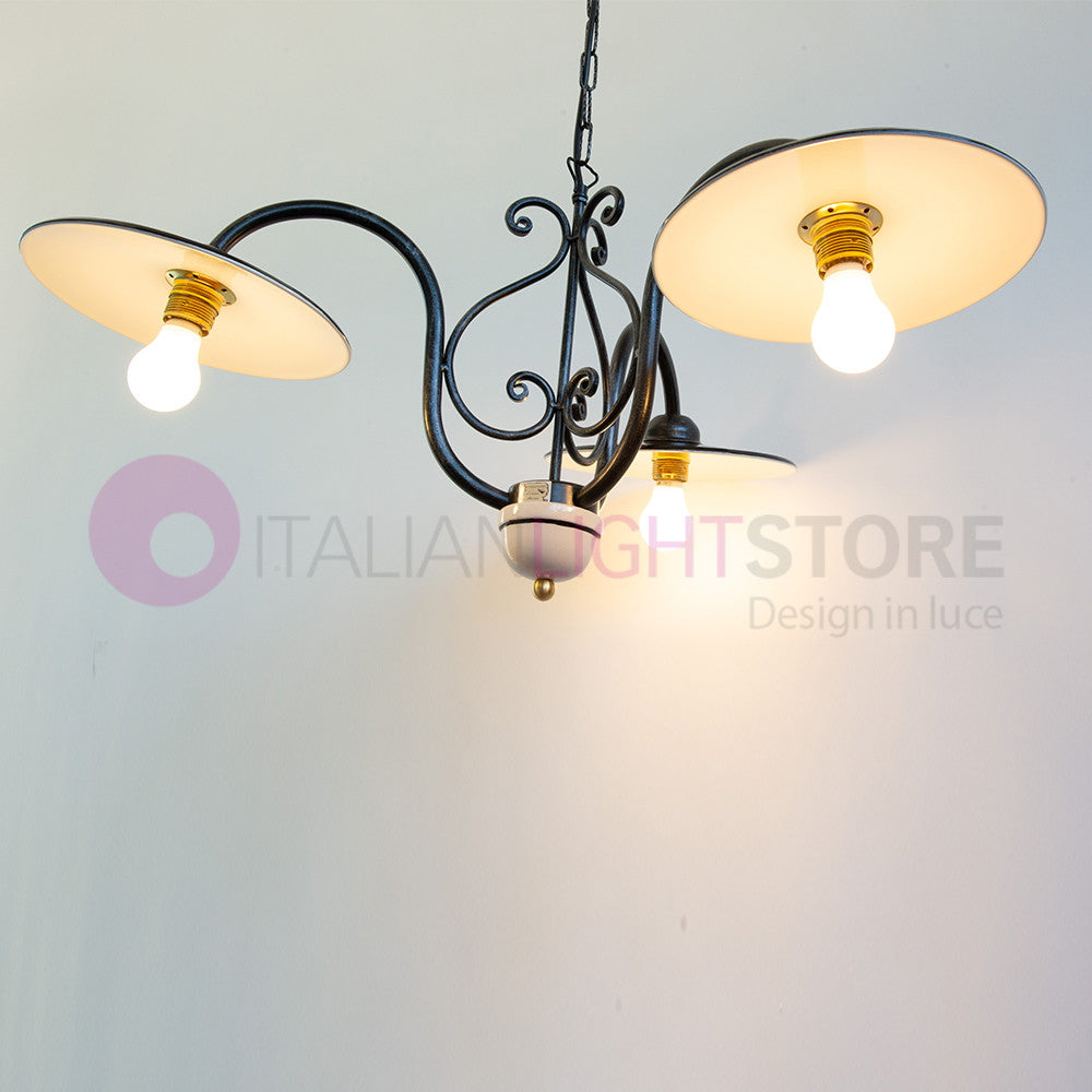 PIATTO Lampadario 3 Luci in Ferro Piatti Smaltati Nero/Bianco