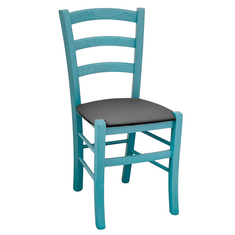 Sedia legno Venezia turchese con seduta in similpelle grigio antracite