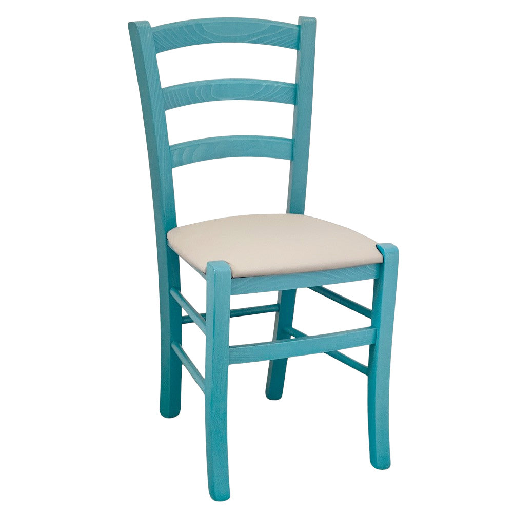 Sedia legno Venezia turchese con seduta in similpelle beige