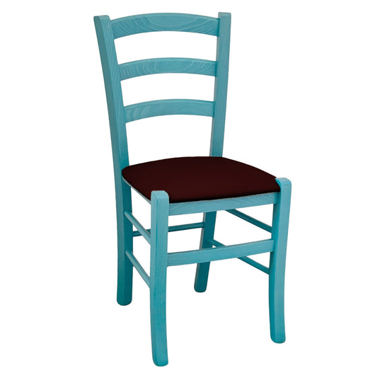 Sedia legno Venezia turchese con seduta in similpelle marrone