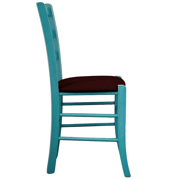 Sedia legno Venezia turchese con seduta in similpelle marrone