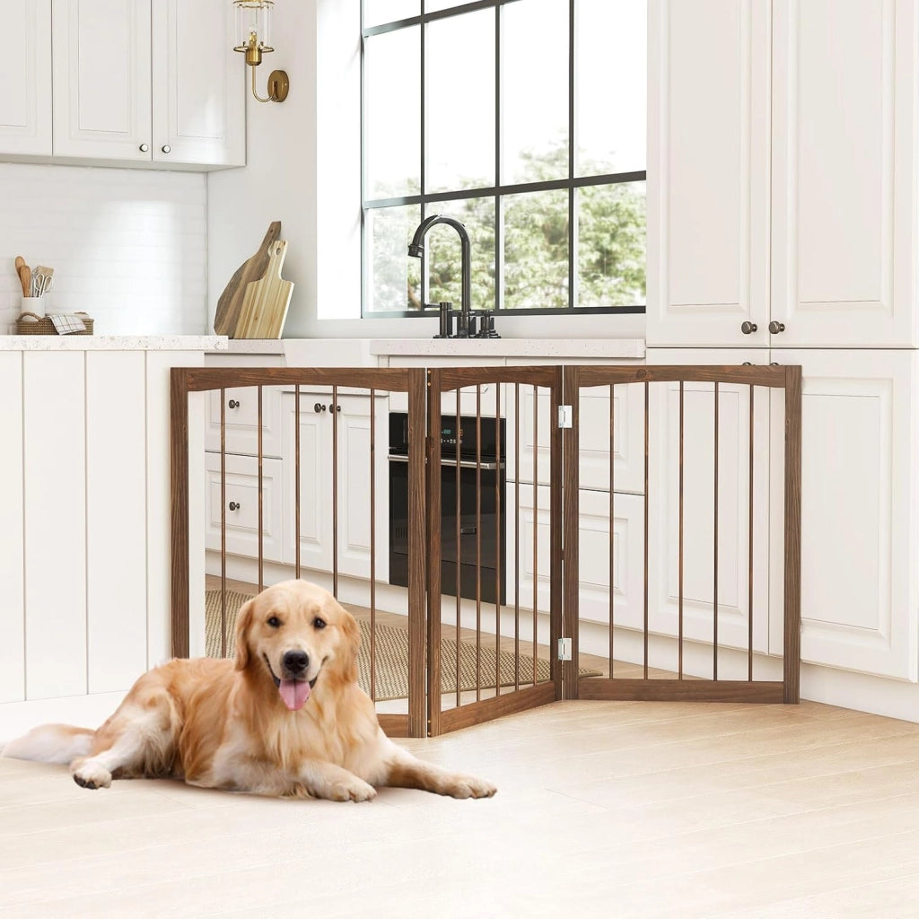 Cancelletto in Legno per Cani 159 x 76 cm, Recinto per Bambini, Cancello Pieghevole a 3 Pannelli per Porte, Scale e Corridoi (Naturale)