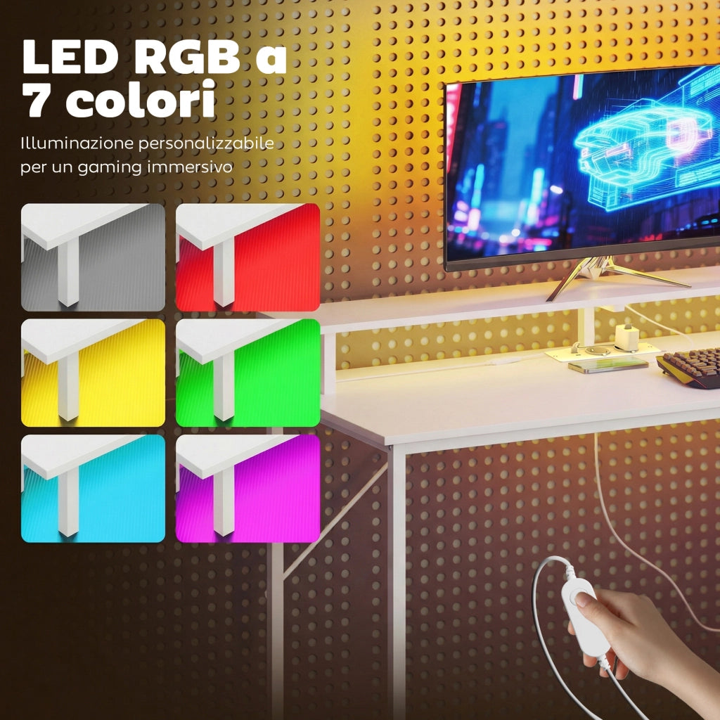 Scrivania Gaming Tavolo per Computer 147x47x130 cm con Supporto CPU Regolabile e Reversibile Luci RGB Prese e Porte USB