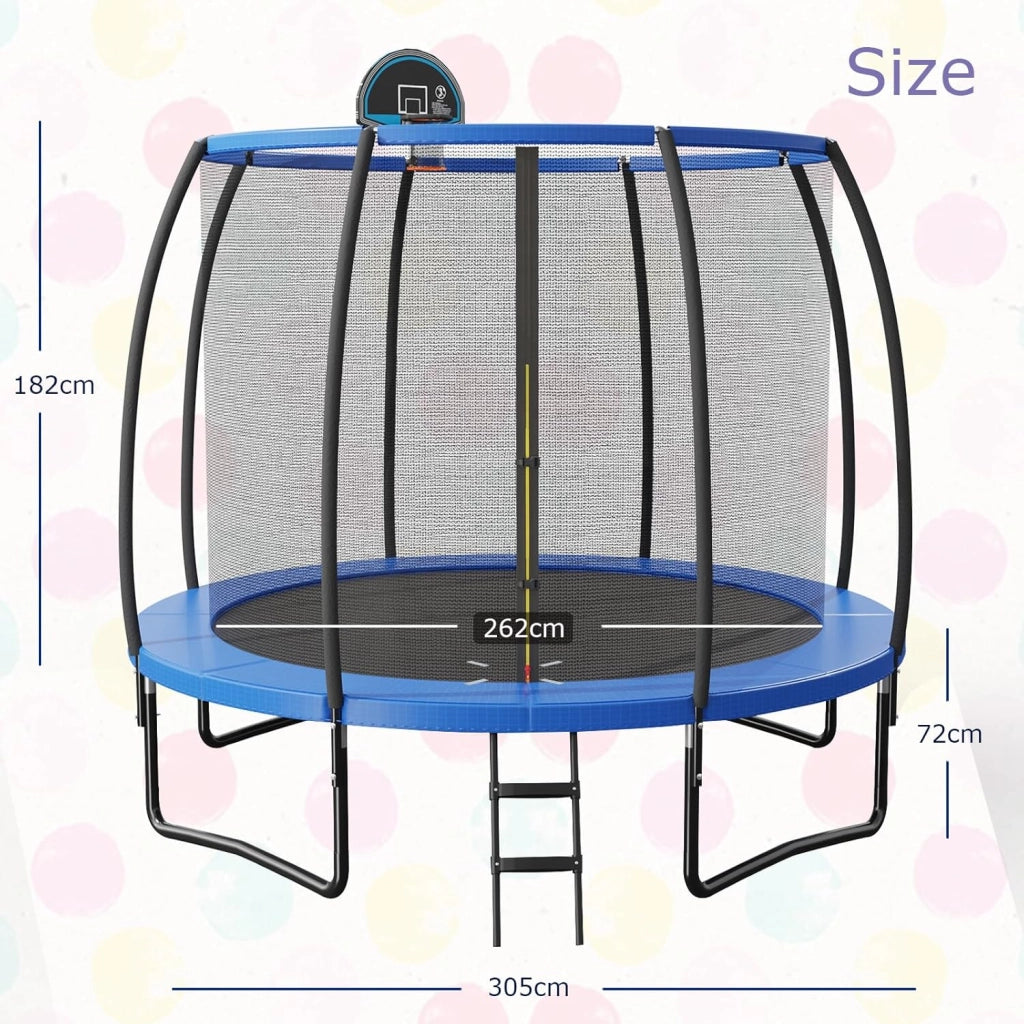Trampolino da giardino rotondo con rete di sicurezza e copertura per bordi per bambini e adulti, blu + nero