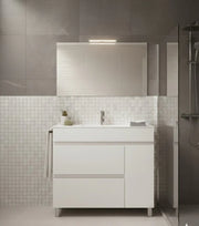 Mobile Bagno FENRIR Già Montato 2 cassetti e porta con piedini, lavabo e specchio Bianco lucido 90x40 cm