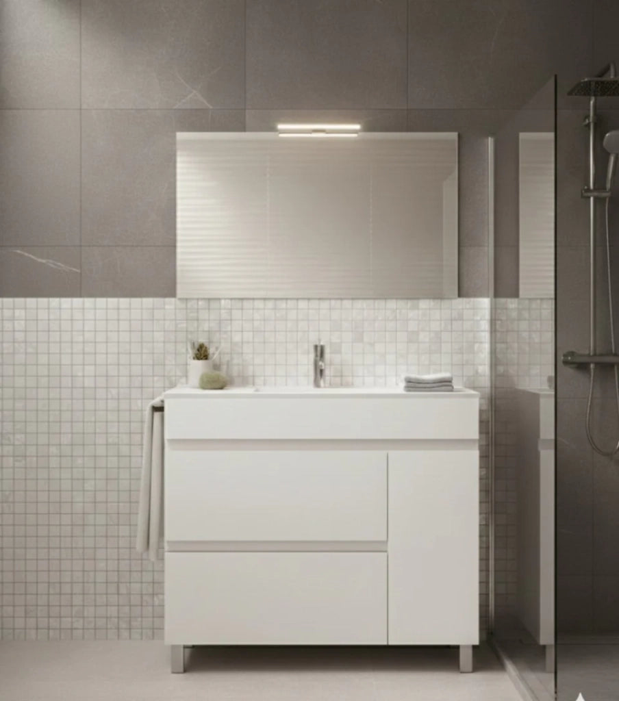 Mobile Bagno FENRIR Già Montato 2 cassetti e porta con piedini, lavabo e specchio Bianco lucido 90x40 cm