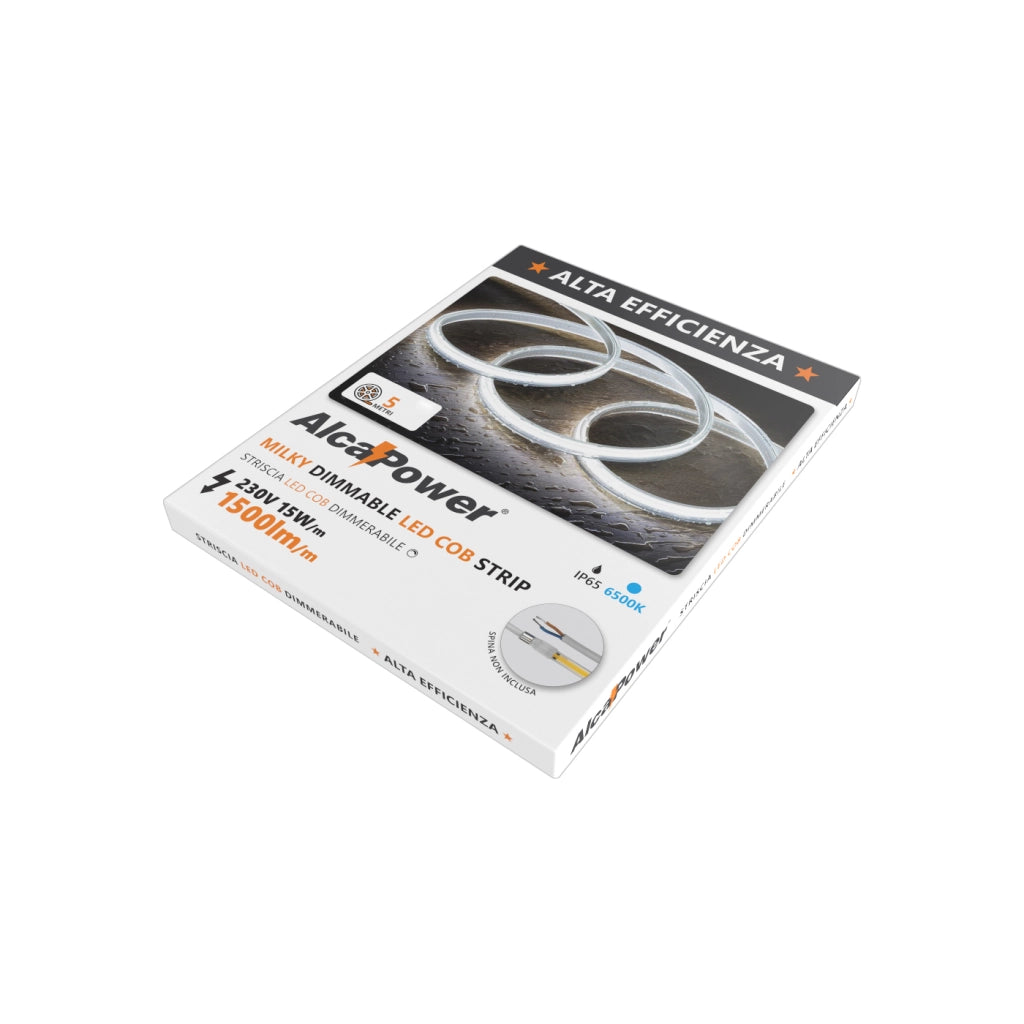 Alcapower Striscia LED professionale HEM IP65 5 metri 15W/m 1500lm/m 6500K Luce Fredda 230V Classe Energetica F illuminazione interni ed esterni