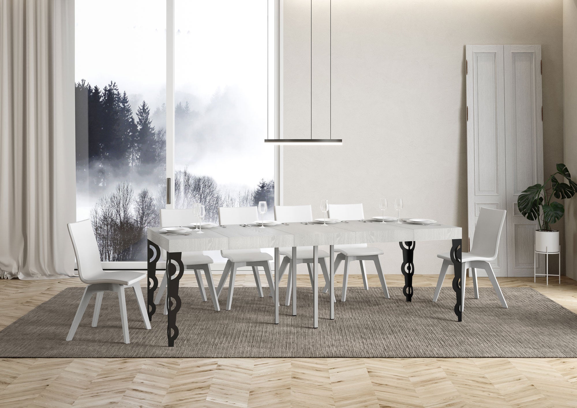 Tavolo allungabile 90x90/246 cm Karayan Premium Bianco Frassino telaio Antracite