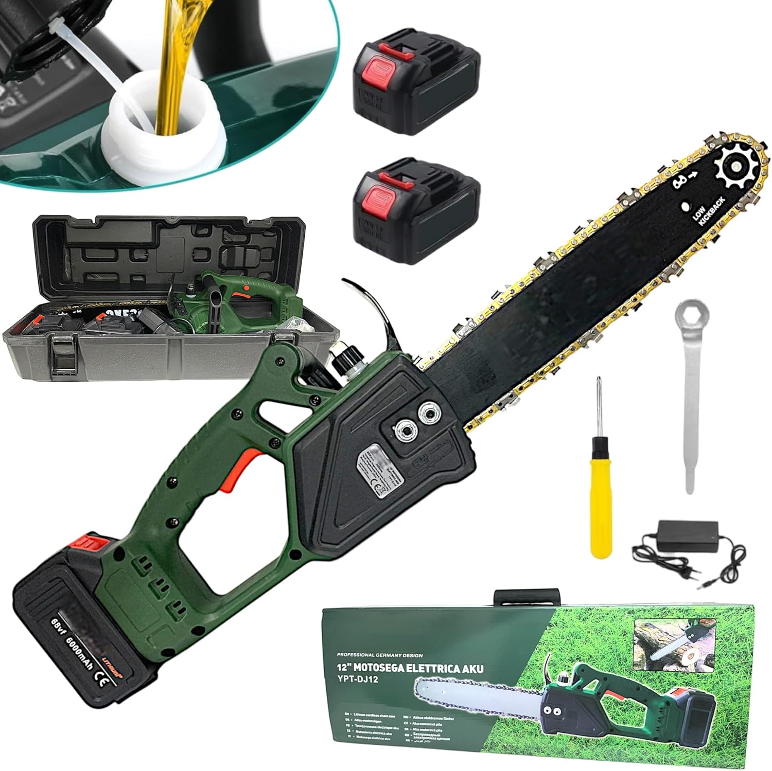 Motosega a Batteria con Lama da 12" (30cm) Taglio Massimo 30 cm Elettrosega due Batterie 68V 6000mAh con Pompetta Olio per Lubrificazione Catena Automatica per Tagliare Rami e Legno