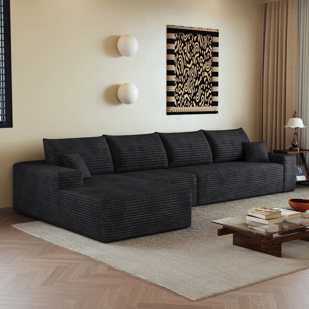 Divano modulare 340x175x83 cm in tessuto a coste nero; imbottitura in schiuma elastica