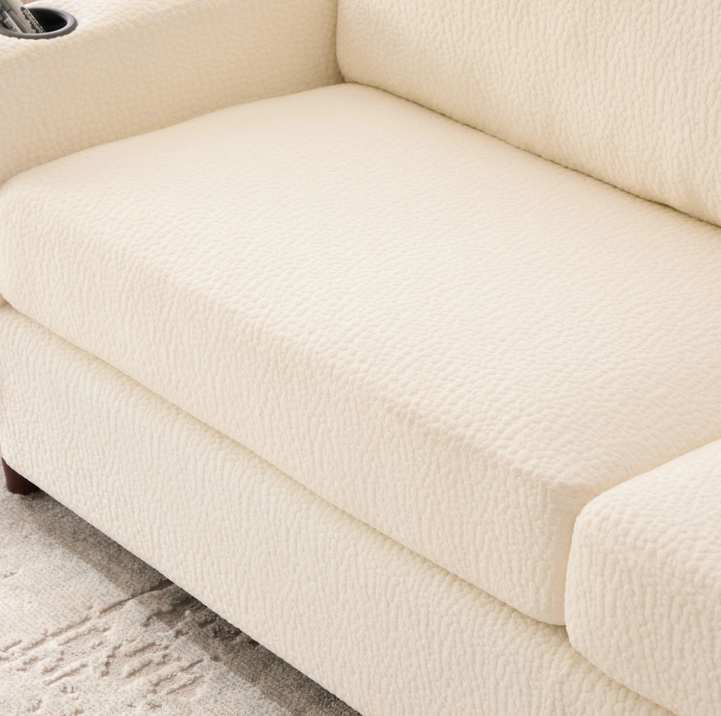 Divano 2 posti in ciniglia beige con LED, USB-C e portabevande
