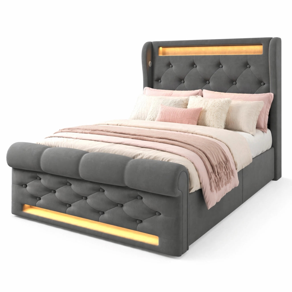 Letto imbottito singolo 90x200 cm con LED, USB Type C, contenitore idraulico e materasso incluso, grigio