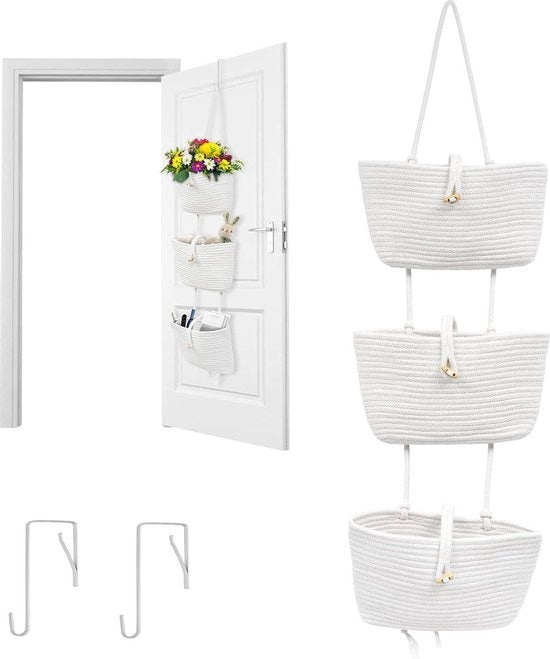 Organizzatore per parete a 3 livelli con corda di cotone intrecciata - contenitore da appendere per frutta decorativo boho per soggiorno - camera da letto (bianco)