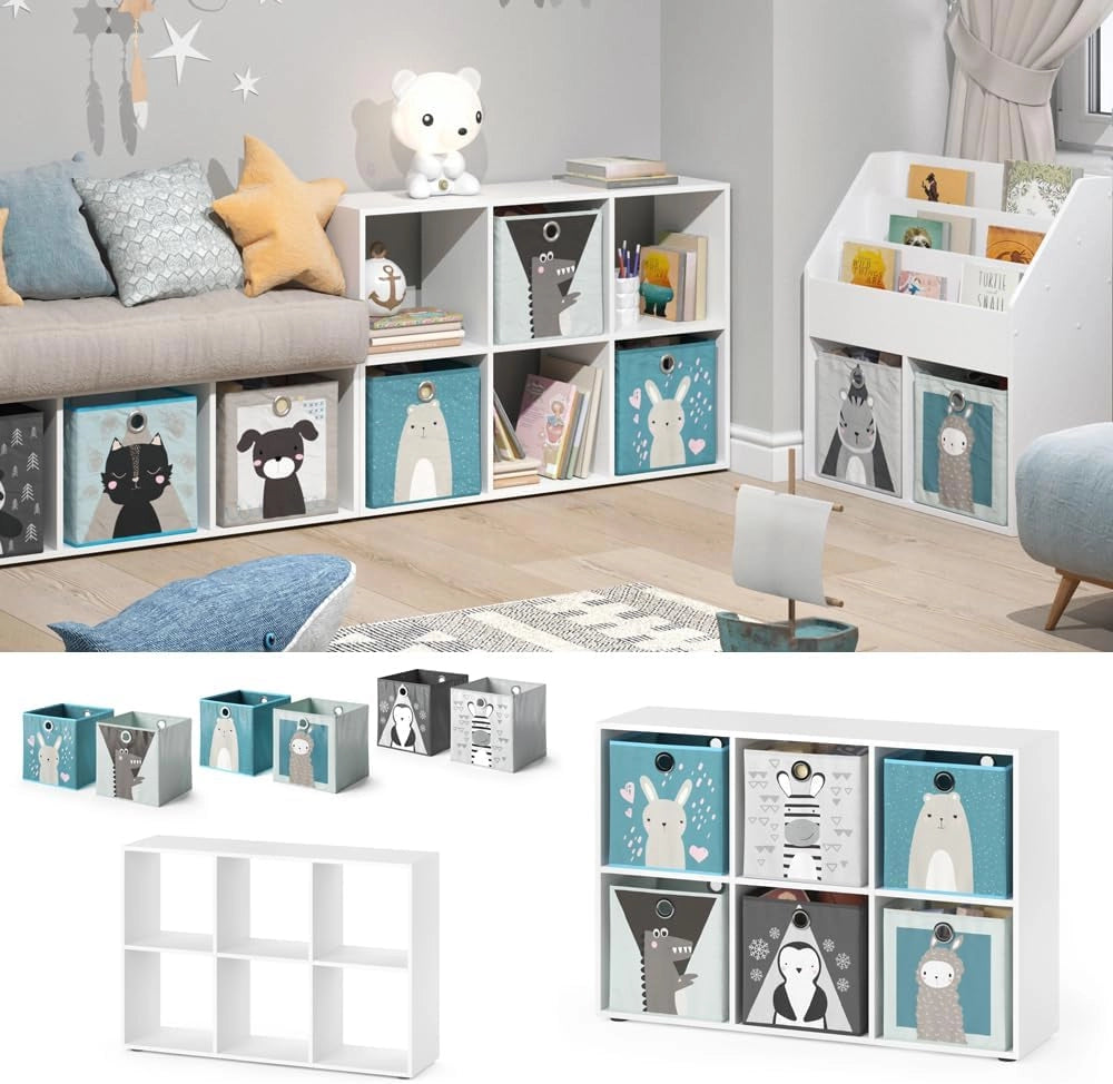 Libreria bambini, Bianco, 72 x 107.8 cm con 6 scatole pieghevoli, adatto per riporre giocattoli e libri