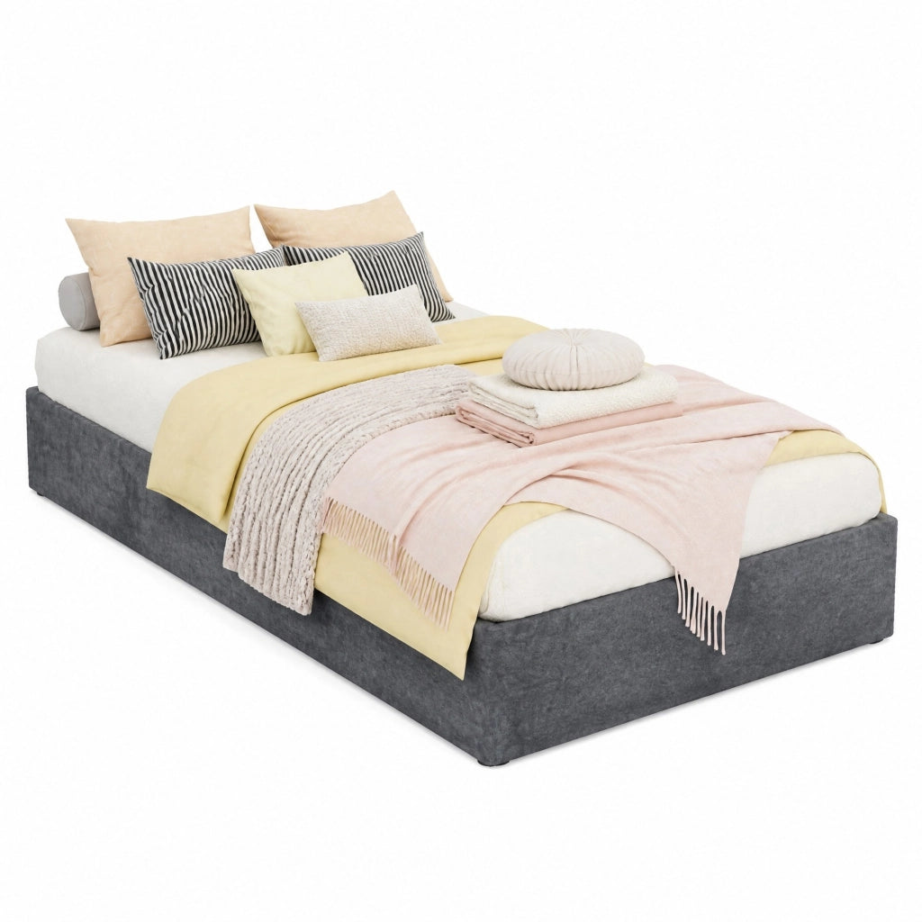 Letto singolo imbottito con contenitore pneumatico 90x200 cm; grigio