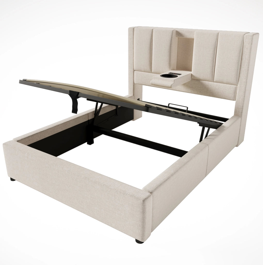 Letto imbottito 90x200 cm con portabicchiere pieghevole e stazione di ricarica; beige