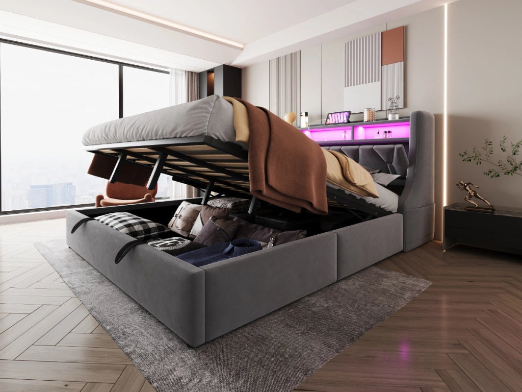 DESMIU Letto Matrimoniale 180 × 200 cm con Contenitore idraulico, USB, Type-C, LED, senza materasso, in velluto, grigio