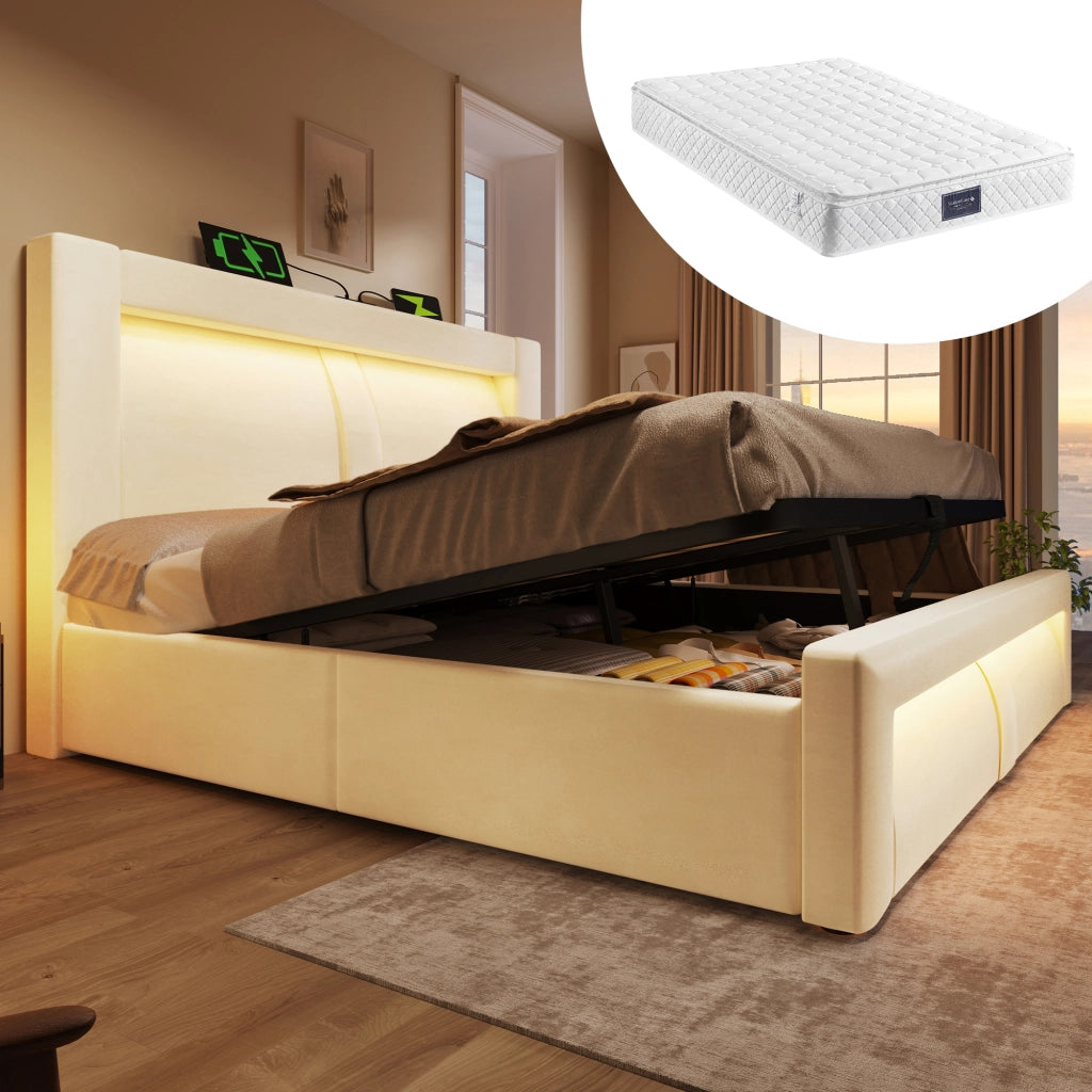 LETTO Contenitore 160x200 cm in velluto beige con materasso incluso