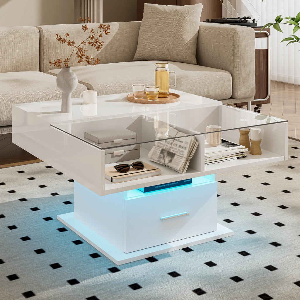 Tavolino da Salotto Sollevabile con 1 Cassetto e 1 Vano e LED; Finitura Lucida; in Pannelli di Truciolare; Bianco