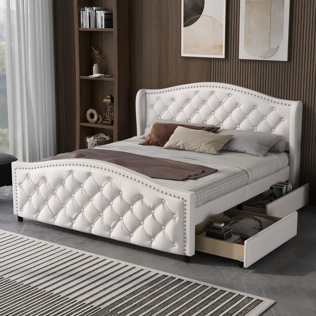 Letto imbottito 160x200 cm; stile Chesterfield con 2 cassetti; PU; bianco (Senza materasso)