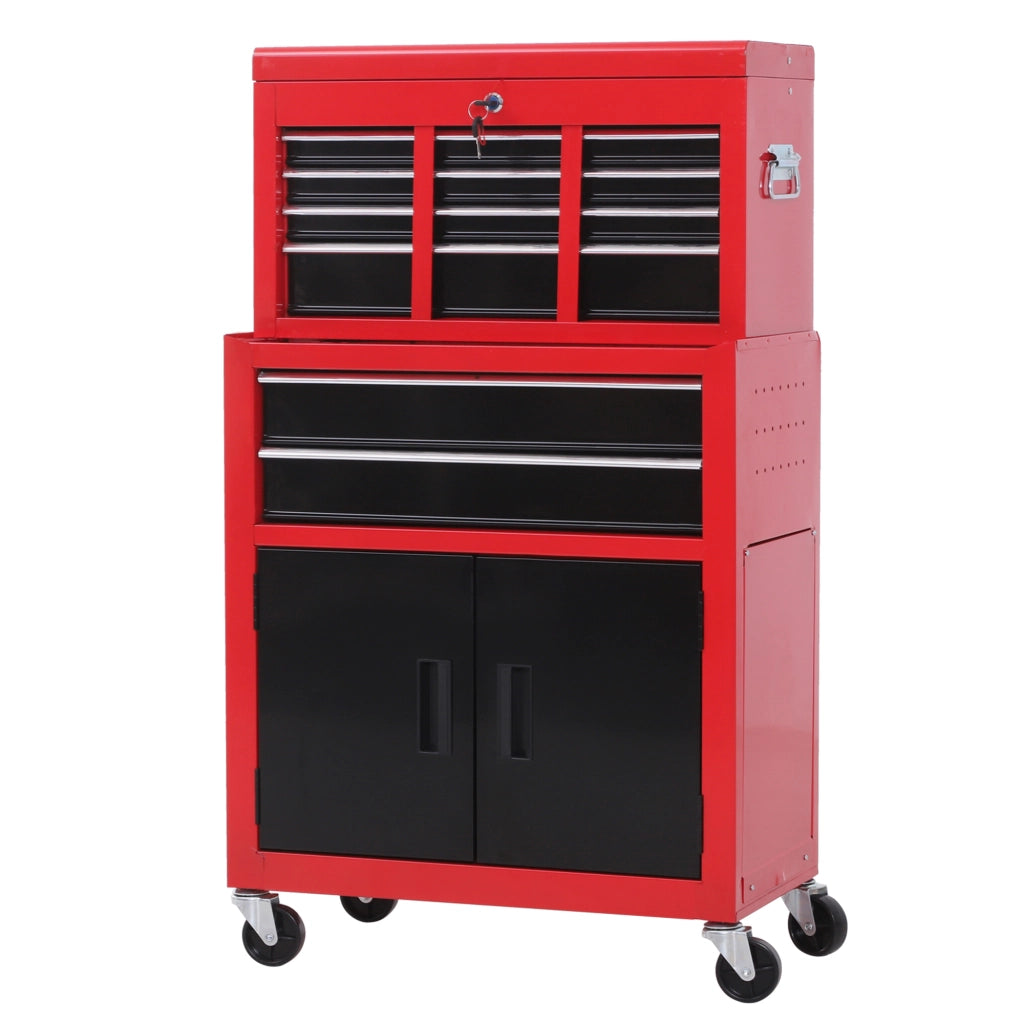 Carrello Attrezzi 2 in 1 con Cassetta e Armadietto ¨C Zephmum ¨C Metallo, Rosso, 61.6x33x108 cm