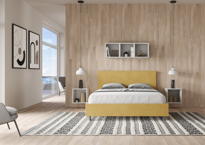 Letto Matrimoniale 160x200 cm con Rete e Contenitore Giroletto con Alzata Comoda Imbottito in Microfibra Adele Ocra