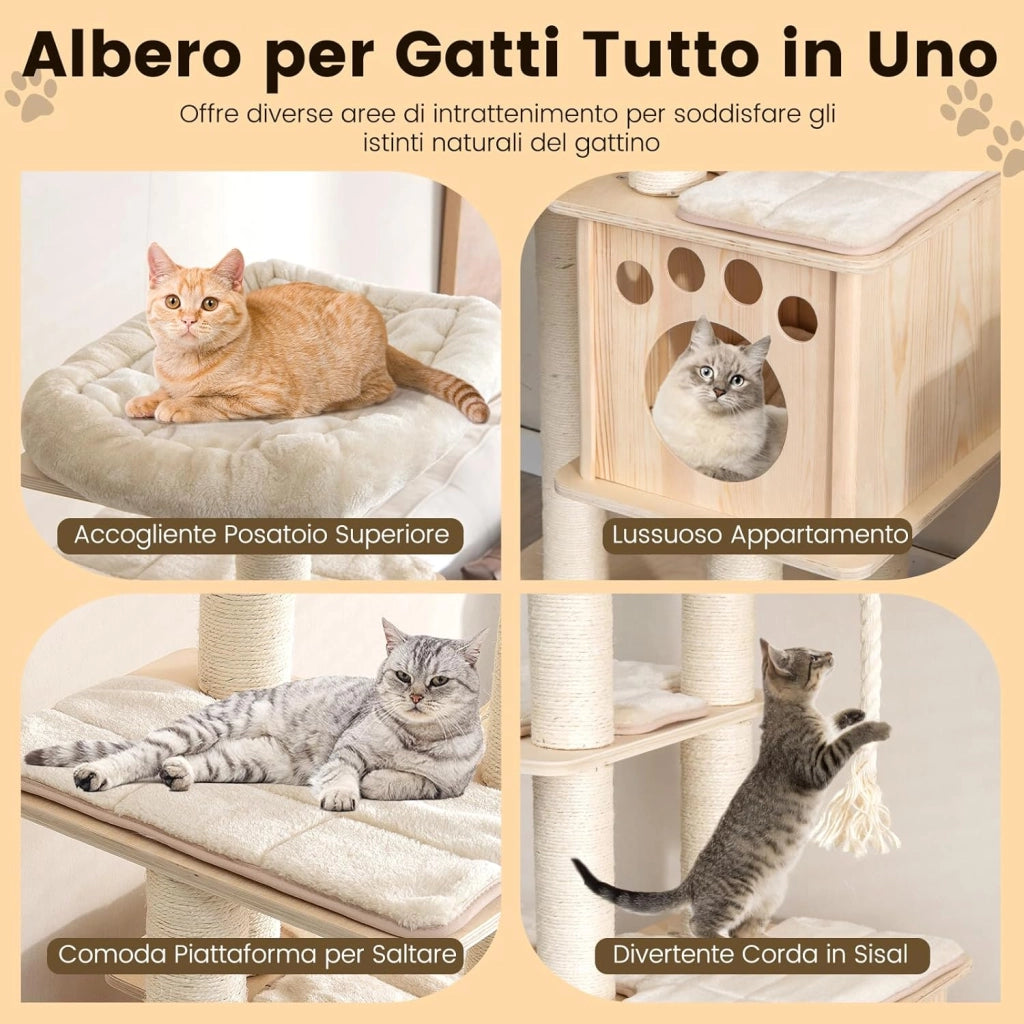 Albero Tiragraffi per Gatti Moderno 170 CM, Tiragraffi per Gatti Multistrato con Trespolo, Superiore Nicchia in Legno, Pali, Tiragraffi in Corda di Sisal e Piattaforme