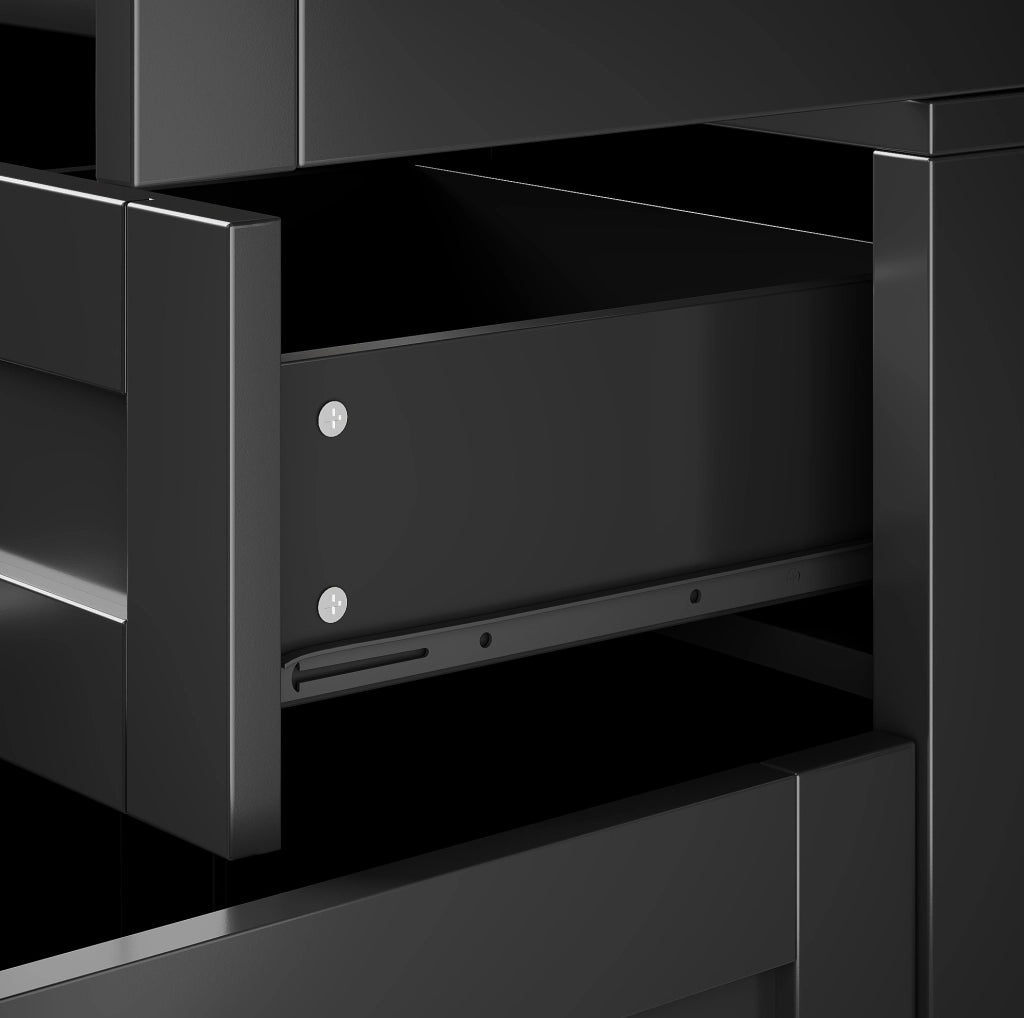 Vetrina 140x38.5x175 cm con ante in acrilico e sistema antiribaltamento; MDF nero