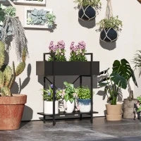 Supporto per piante da interno e da esterno a 2 livelli, con fori di drenaggio, in metallo, 60 x 25 x 70 cm, Nero