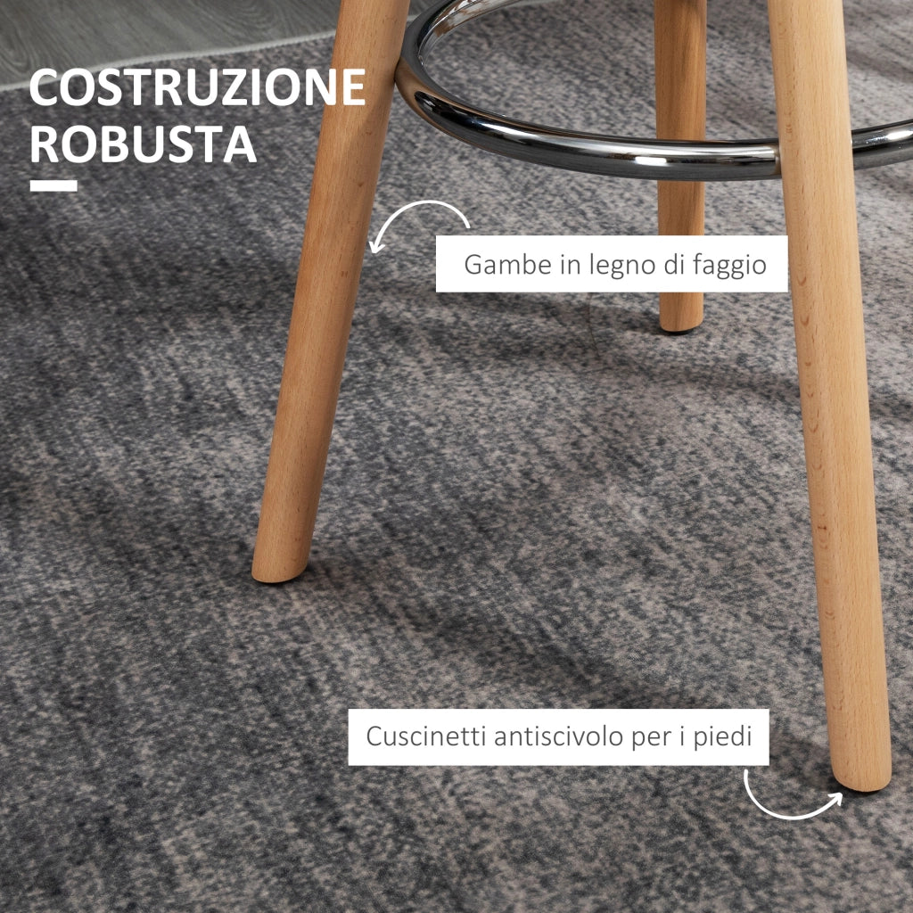 Set 2 Sgabelli da Bar Stile Nordico con Schienale. Cuscino e Poggiapiedi. Legno e Plastica. Bianco