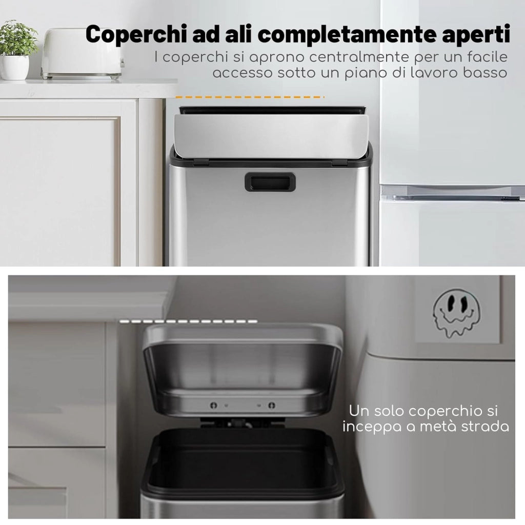 Bidone per Rifiuti in Acciaio Inox 46L, Cestino per Spazzatura con Ali a Bloccaggio Morbido e Secchio Interno Rimovibile, Bidone della Spazzatura a Pedale per Casa Ufficio