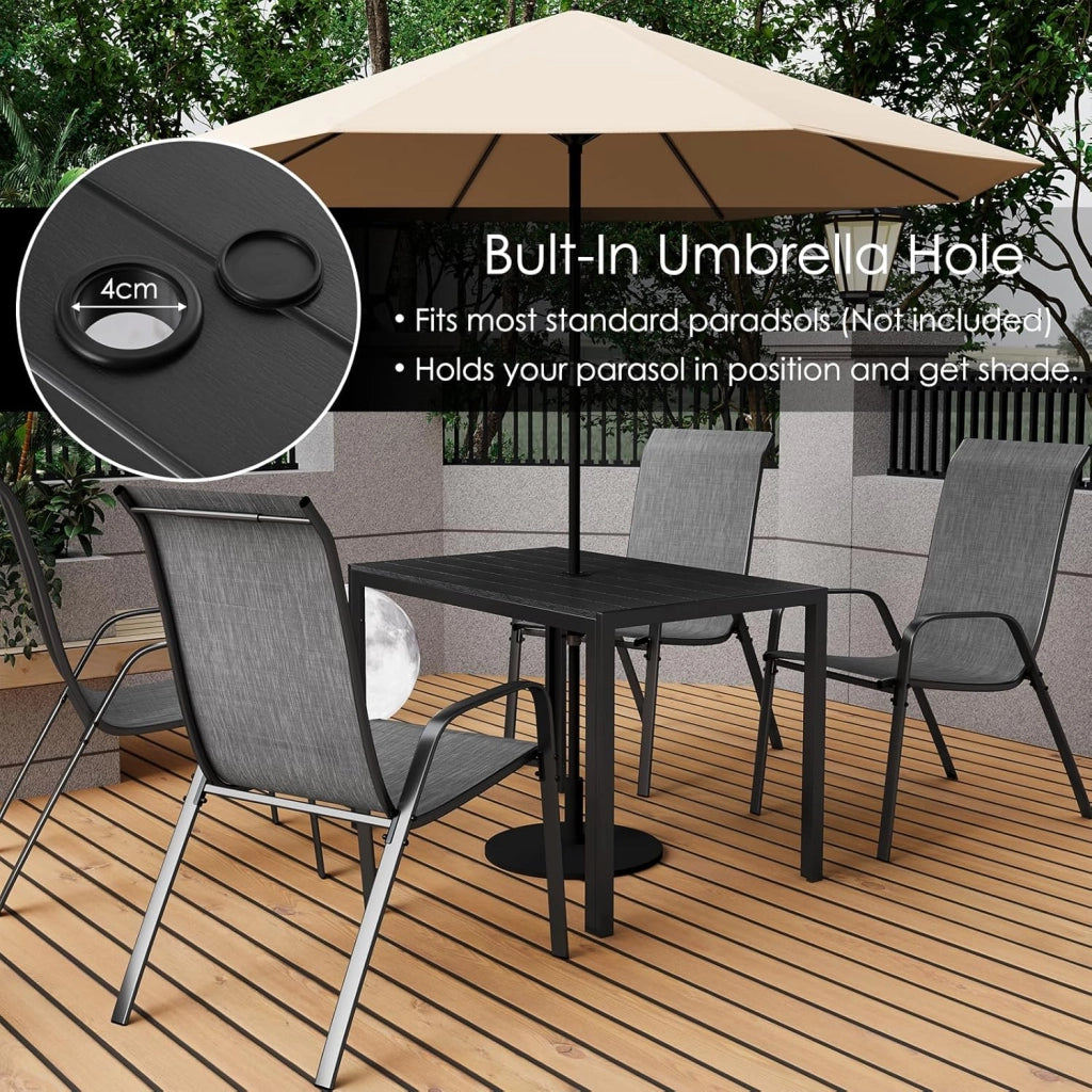 Tavolo da Giardino 110x70 cm con Foro per Ombrellone 4cm, Tavolo da Terrazzo in WPC per 4-6 Persone, Tavolo da Balcone Resistente alle Intemperie con Telaio in Alluminio, Nero
